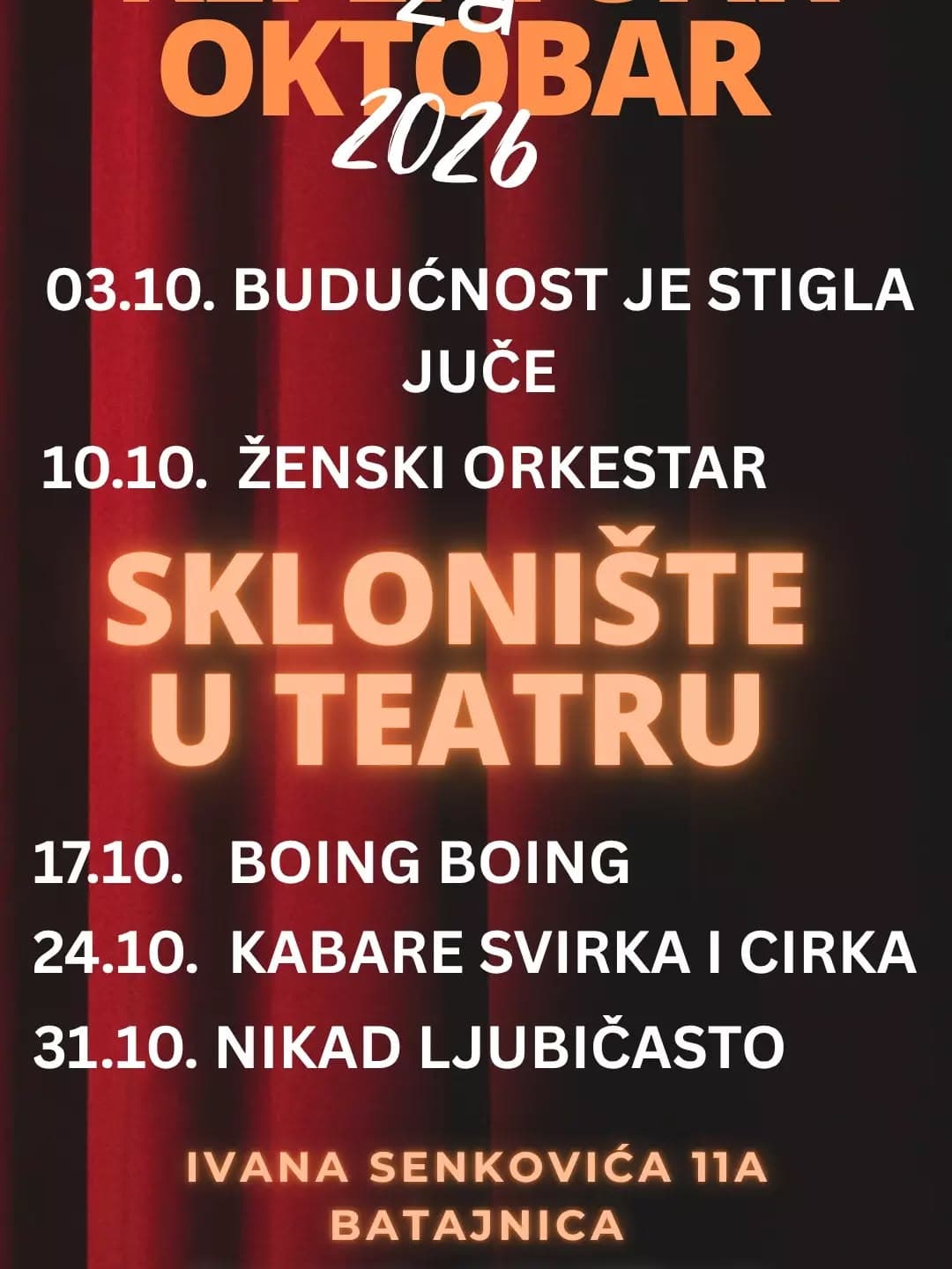 Pozorišni repertoar za oktobar u Batajnici